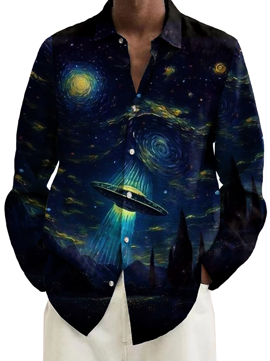 Retro Starry Night UFO Art Pattern Casual Loose Long Sleeved Shirt