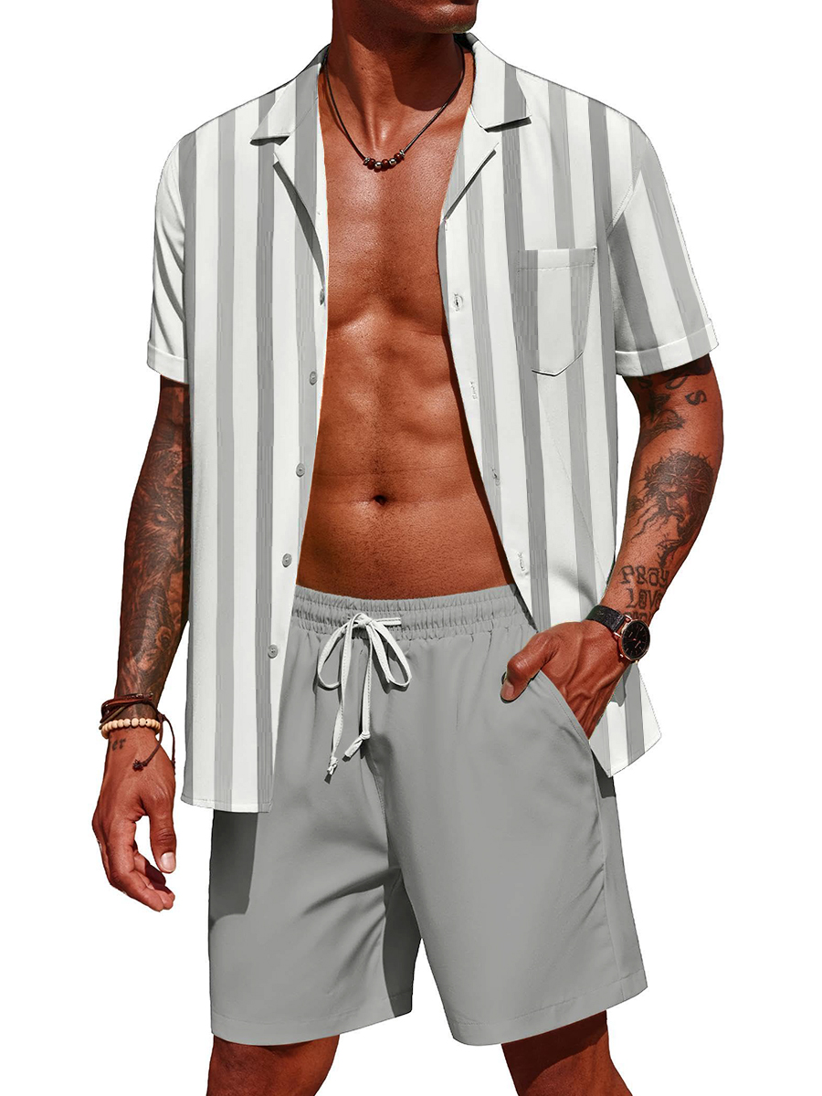 Men's Sets Hawaiian Stripes Pattern Button Pocket Two-Piece Shirt Shorts Set