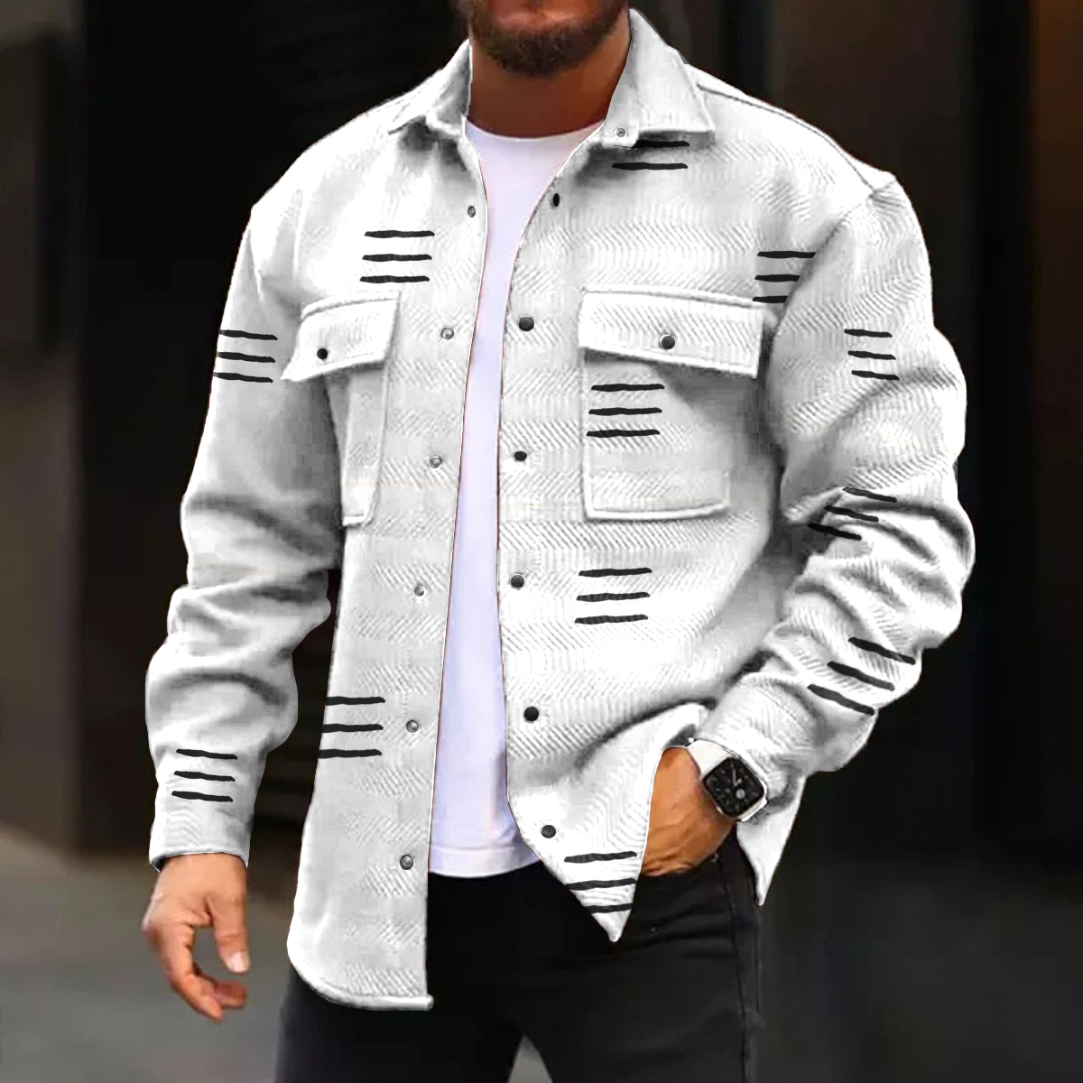 Men's Casual Jacket Vintage Simple Geometry Pattern Long Sleeve Pockets Shirt Jacket