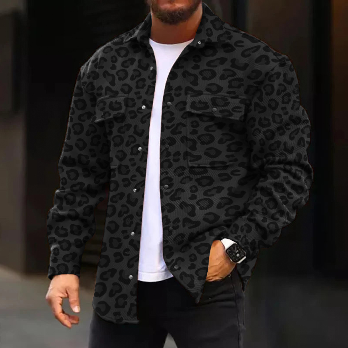Men's Casual Jacket Retro Leopard Pattern Long Sleeve Pockets Shirt Jacket