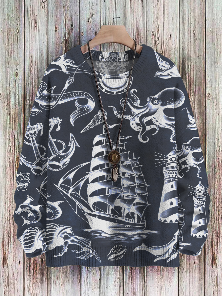 Men's Sweater Vintage Nautical Mermaid Boat Pattern Pullover Print Casual Sweater