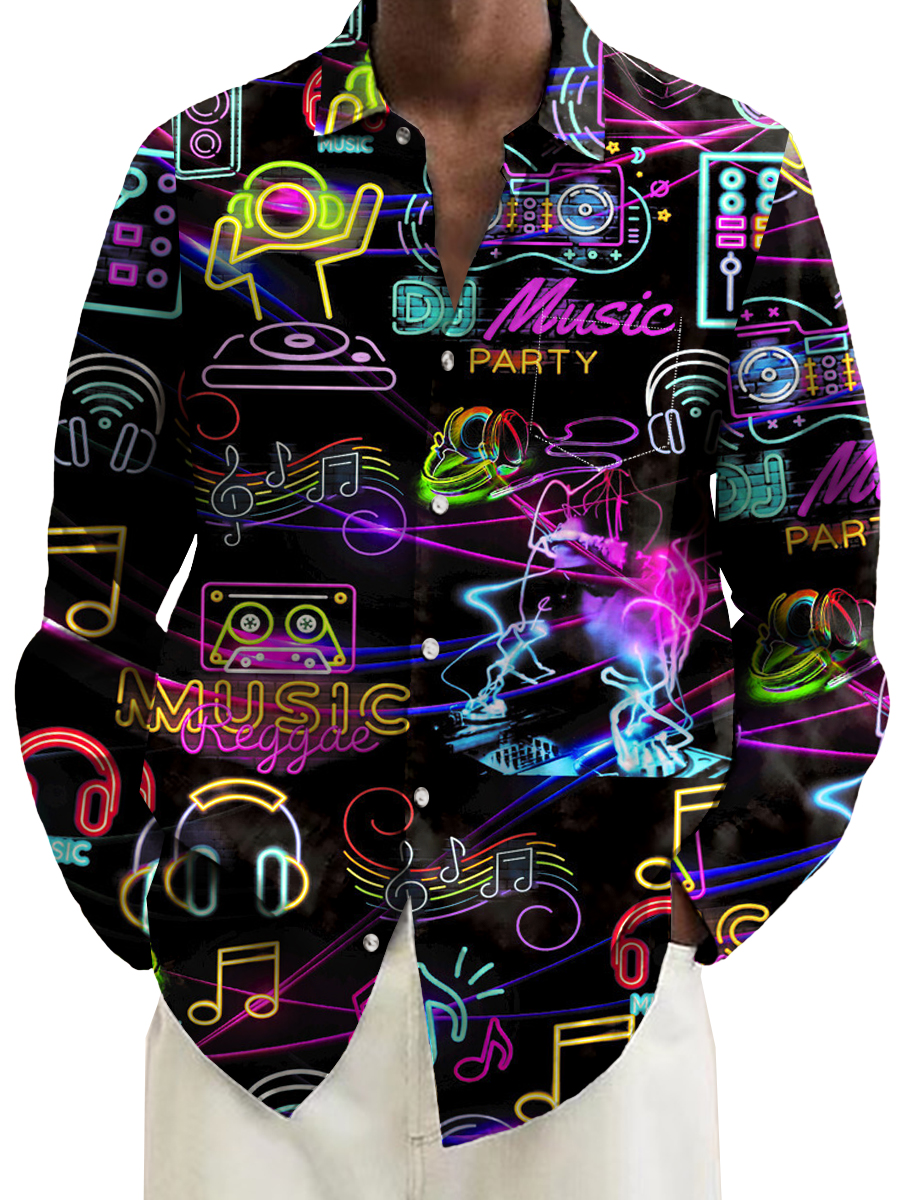 Retro Neon Musical Items Pattern Long Sleeve Hawaiian Shirt