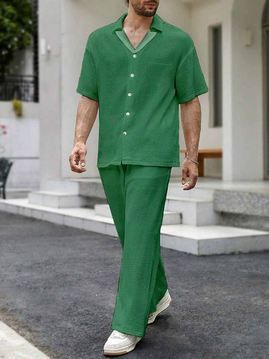 Men's Sets Casual Button Down Wrinkle Free Seersucker Two-Piece Shirt Shorts