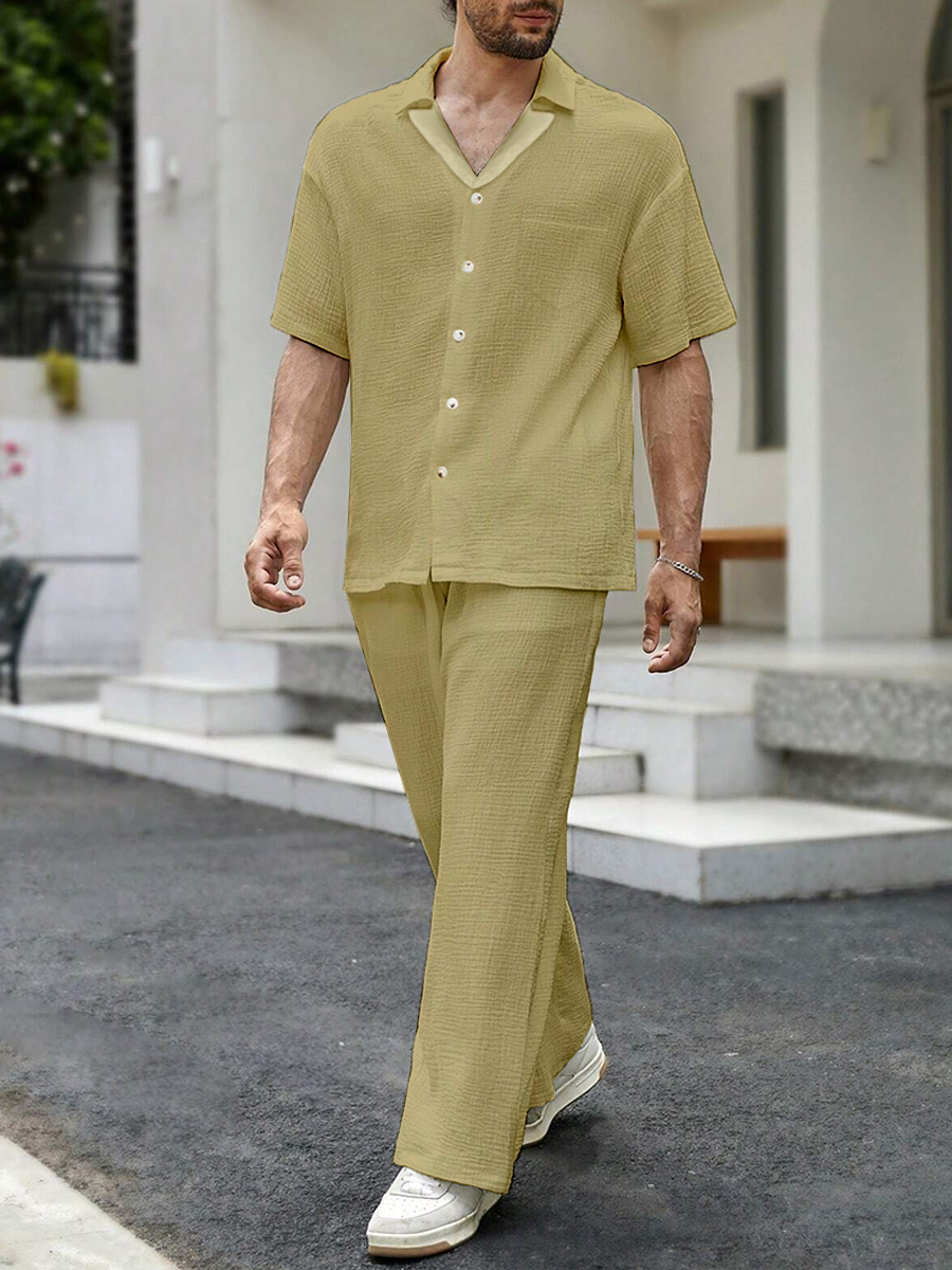 Men's Sets Casual Button Down Wrinkle Free Seersucker Two-Piece Shirt Shorts