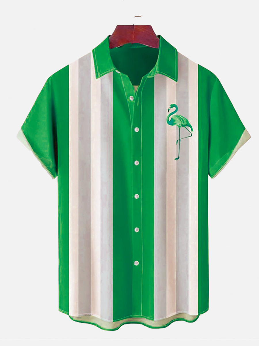 Flamingo Print Summer Bowling Style Hawaiian Short Sleeve Shirt