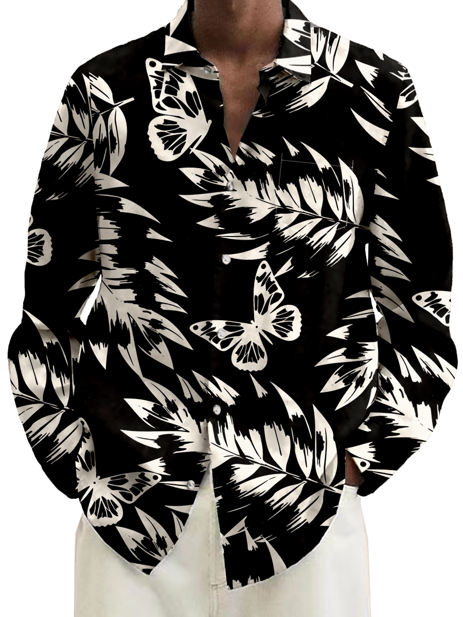 Retro Butterfly Art Pattern Long Sleeve Hawaiian Shirt
