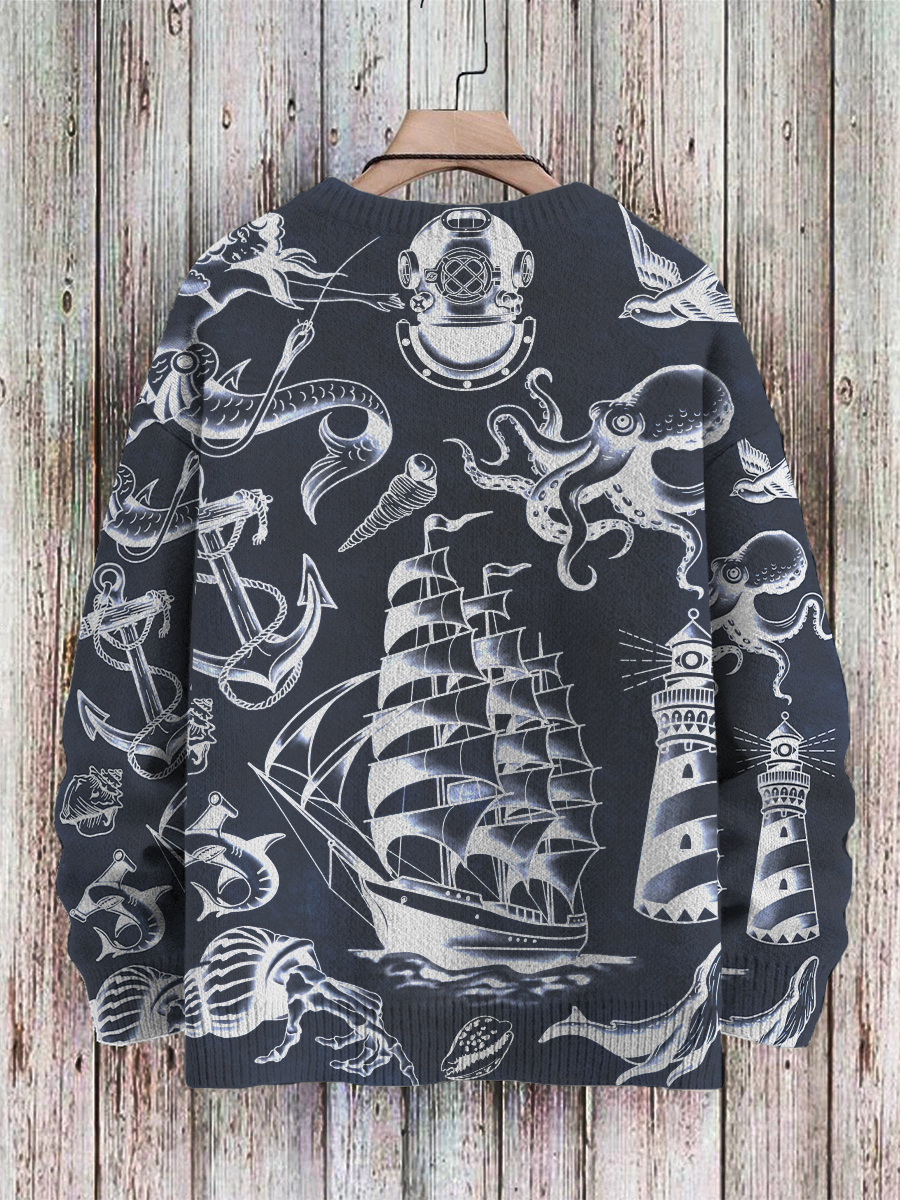 Men's Sweater Vintage Nautical Mermaid Boat Pattern Pullover Print Casual Sweater