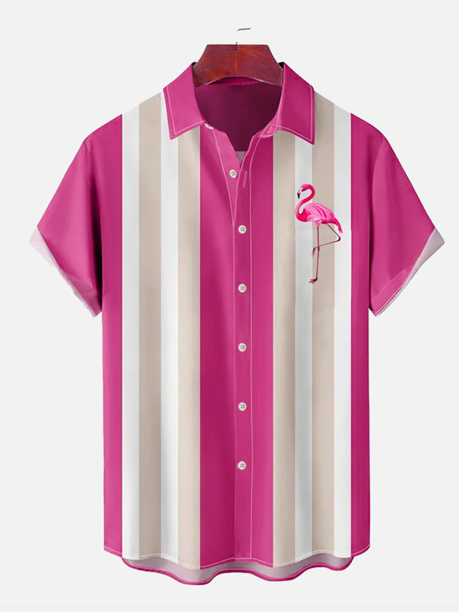 Flamingo Print Summer Bowling Style Hawaiian Short Sleeve Shirt