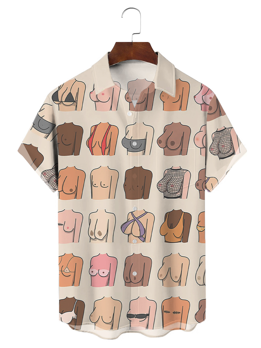 Men's Hawaiian Shirts Fun Boobs Print Aloha Pocket Shirts
