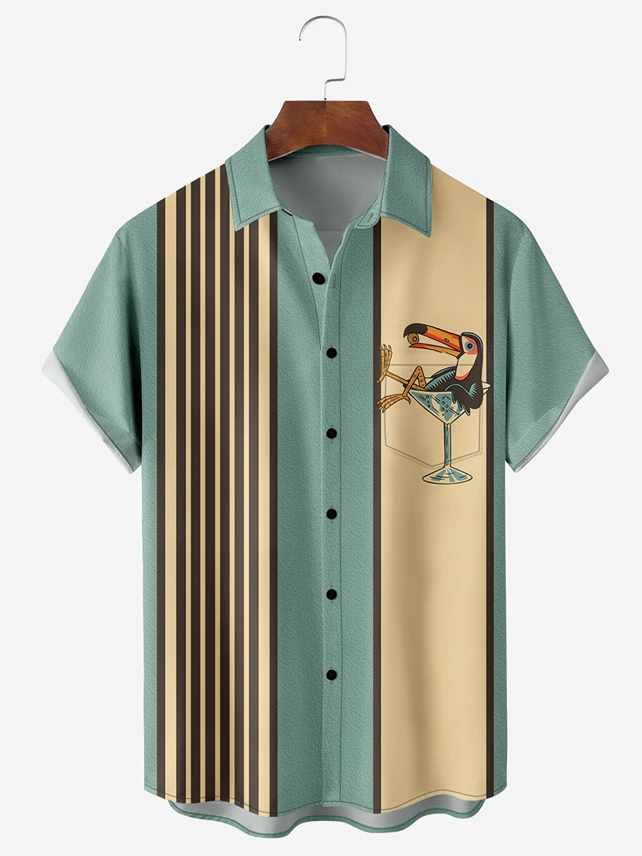 Funny Button Down Shirts Animal Toucans Chest Pocket Short Sleeve Vintage Bowling Shirt