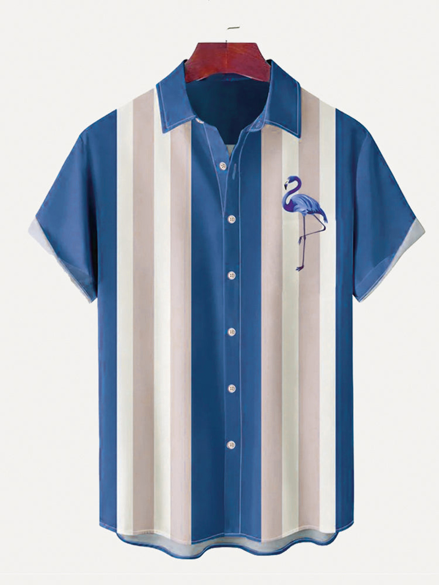 Flamingo Print Summer Bowling Style Hawaiian Short Sleeve Shirt