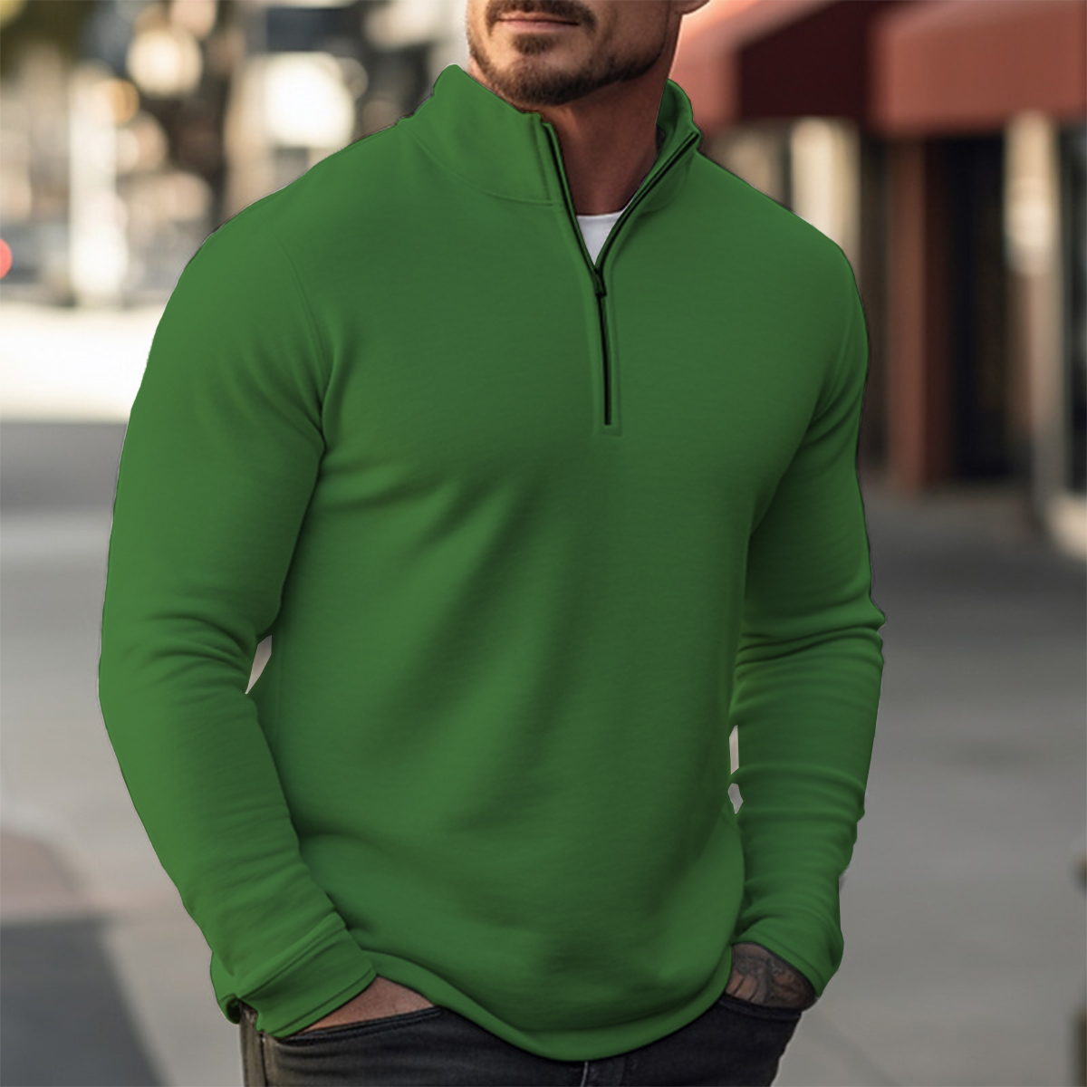 Basics Solid Color Casual Zip Long Sleeve Sweater