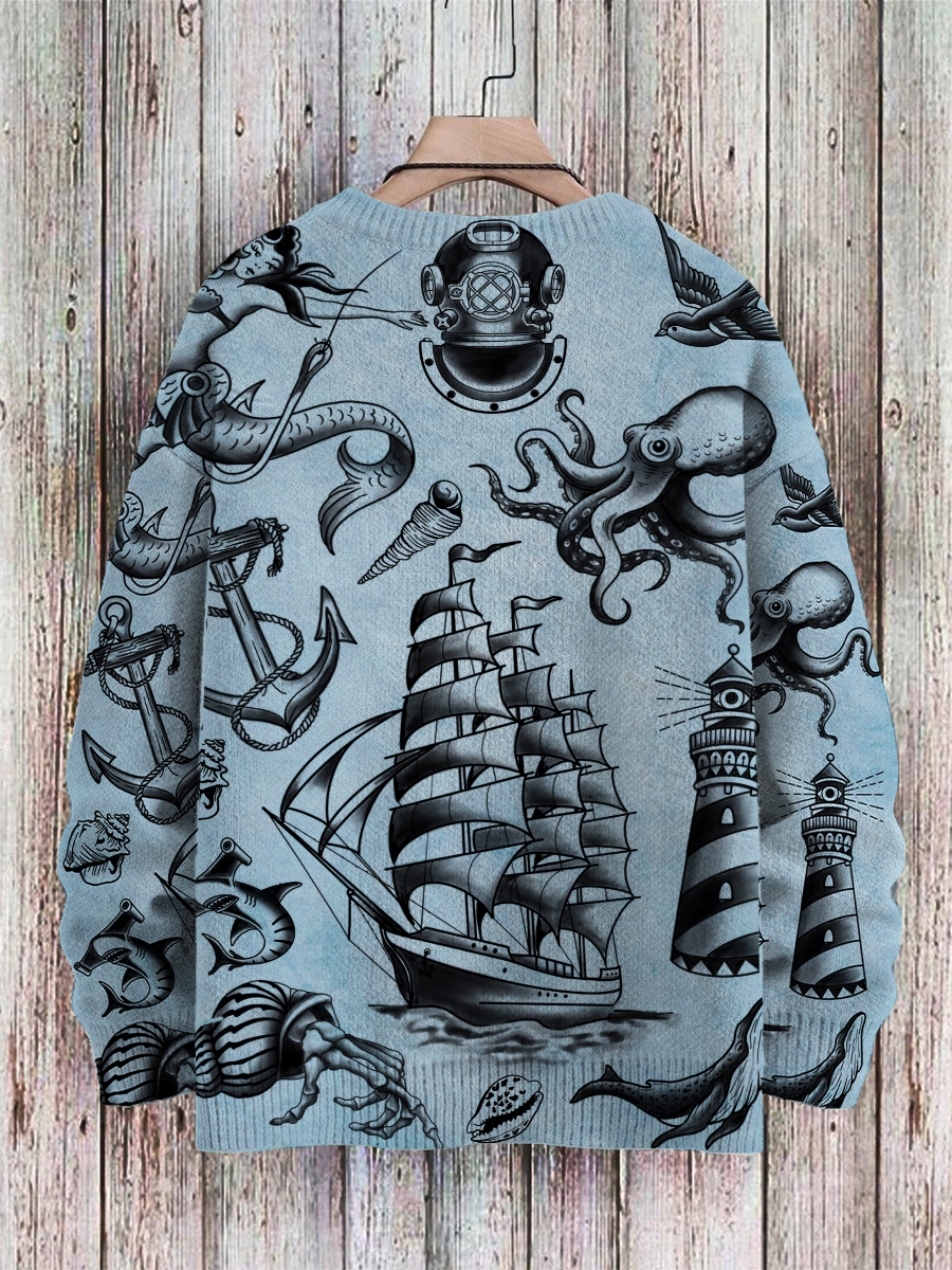 Men's Sweater Vintage Nautical Mermaid Boat Pattern Pullover Print Casual Sweater