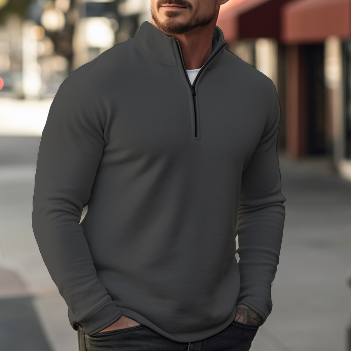 Basics Solid Color Casual Zip Long Sleeve Sweater