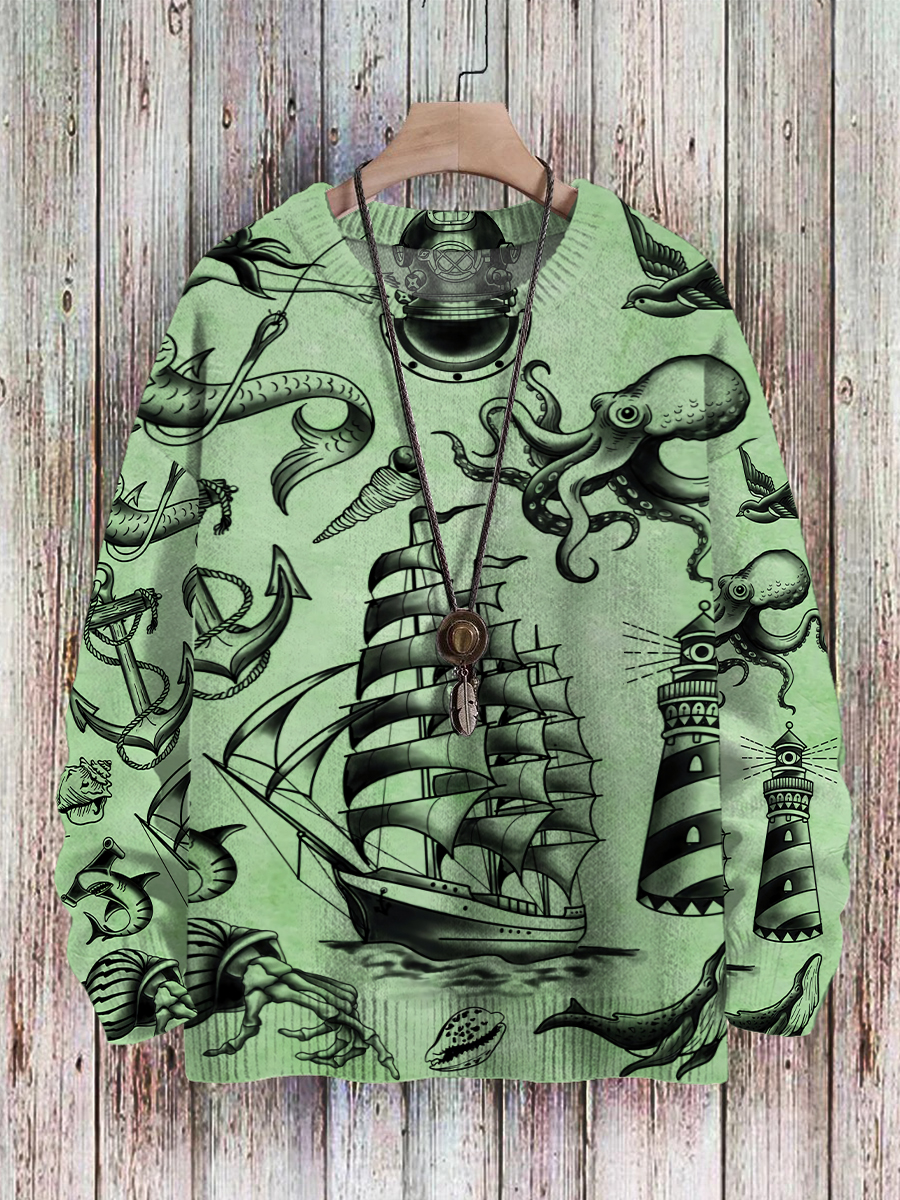 Men's Sweater Vintage Nautical Mermaid Boat Pattern Pullover Print Casual Sweater
