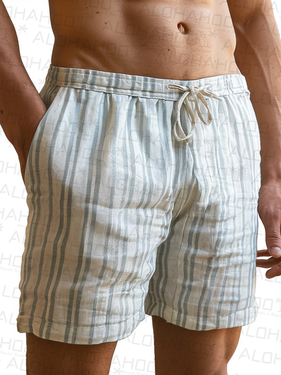 Men's Cotton-linen Shorts Stripes Vacation Beach Shorts
