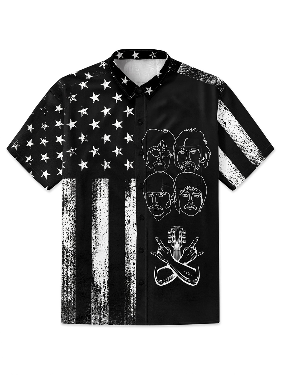Moisture-wicking Rock Punk American Flag Chest Pocket Hawaiian Shirt