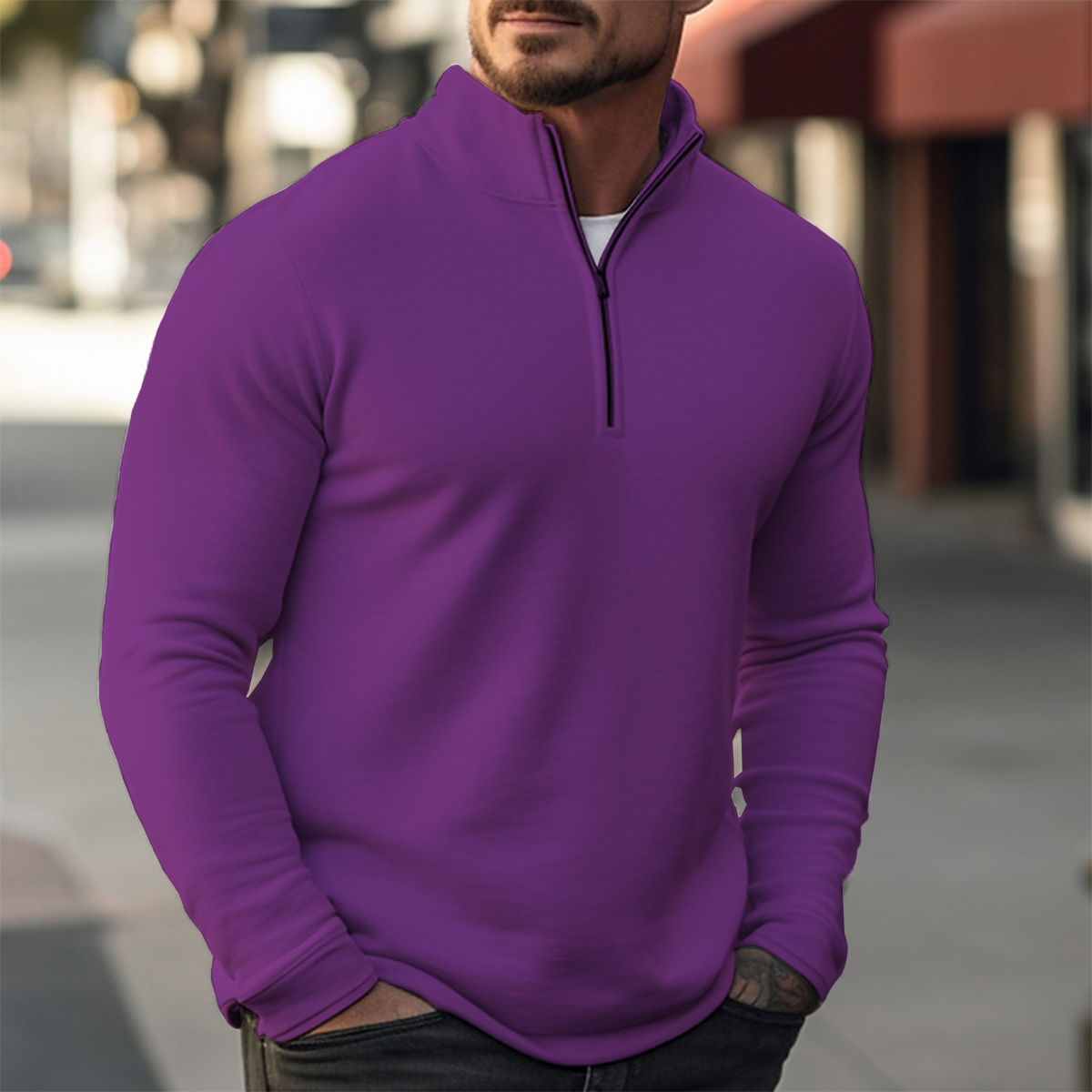 Basics Solid Color Casual Zip Long Sleeve Sweater