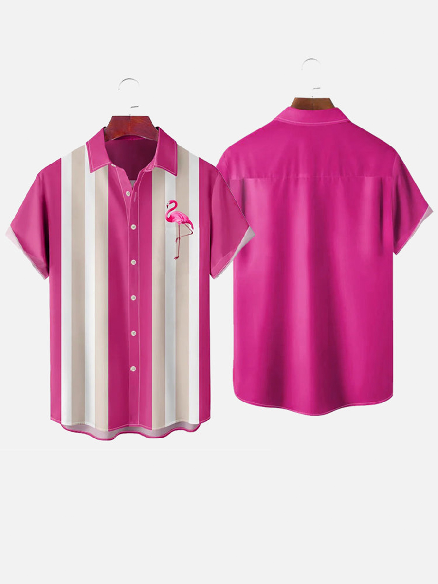 Flamingo Print Summer Bowling Style Hawaiian Short Sleeve Shirt