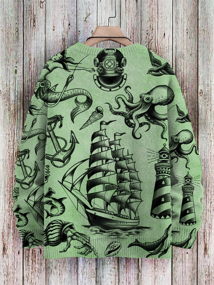 Men's Sweater Vintage Nautical Mermaid Boat Pattern Pullover Print Casual Sweater