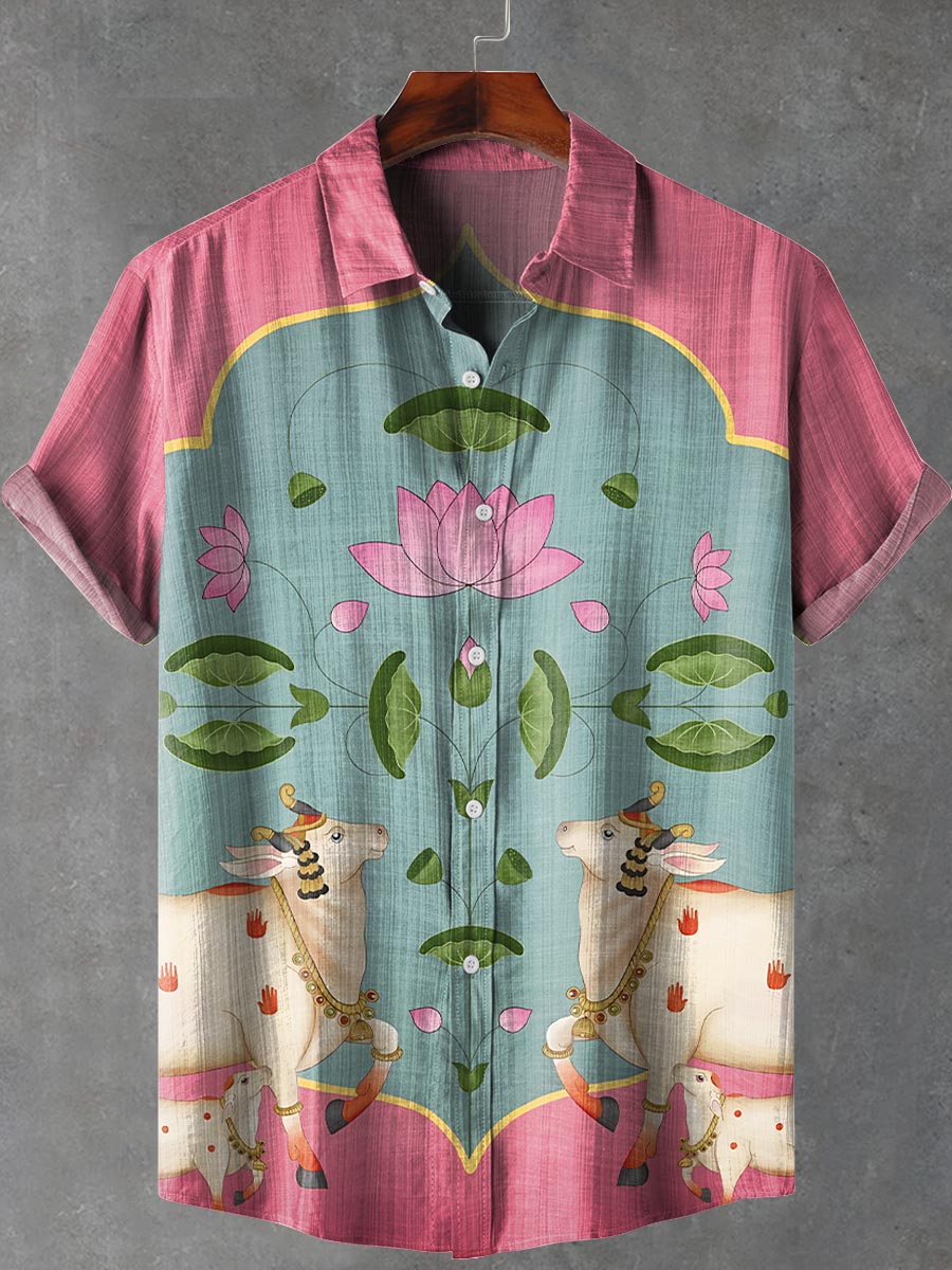 Vintage National Lotus Cow Multicolor Art Print Casual Cotton-Linen Shirt