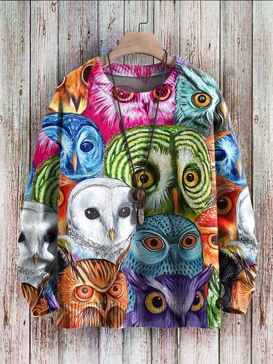Men's Sweater Retro Colorful Owl Art Print Casual Knit Pullover Sweater