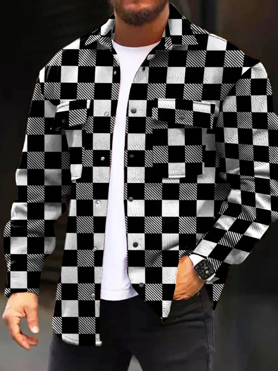 Men's Casual Jacket Art Checkerboard Printed Long Sleeve Pocket Jacket