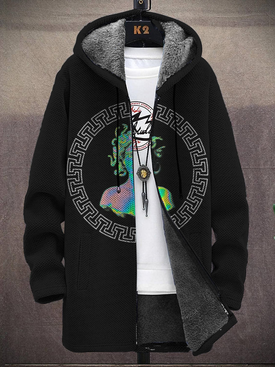 Men's Art Medusa Print Hooded Two-Pocket Fleece Cardigan Jacket
