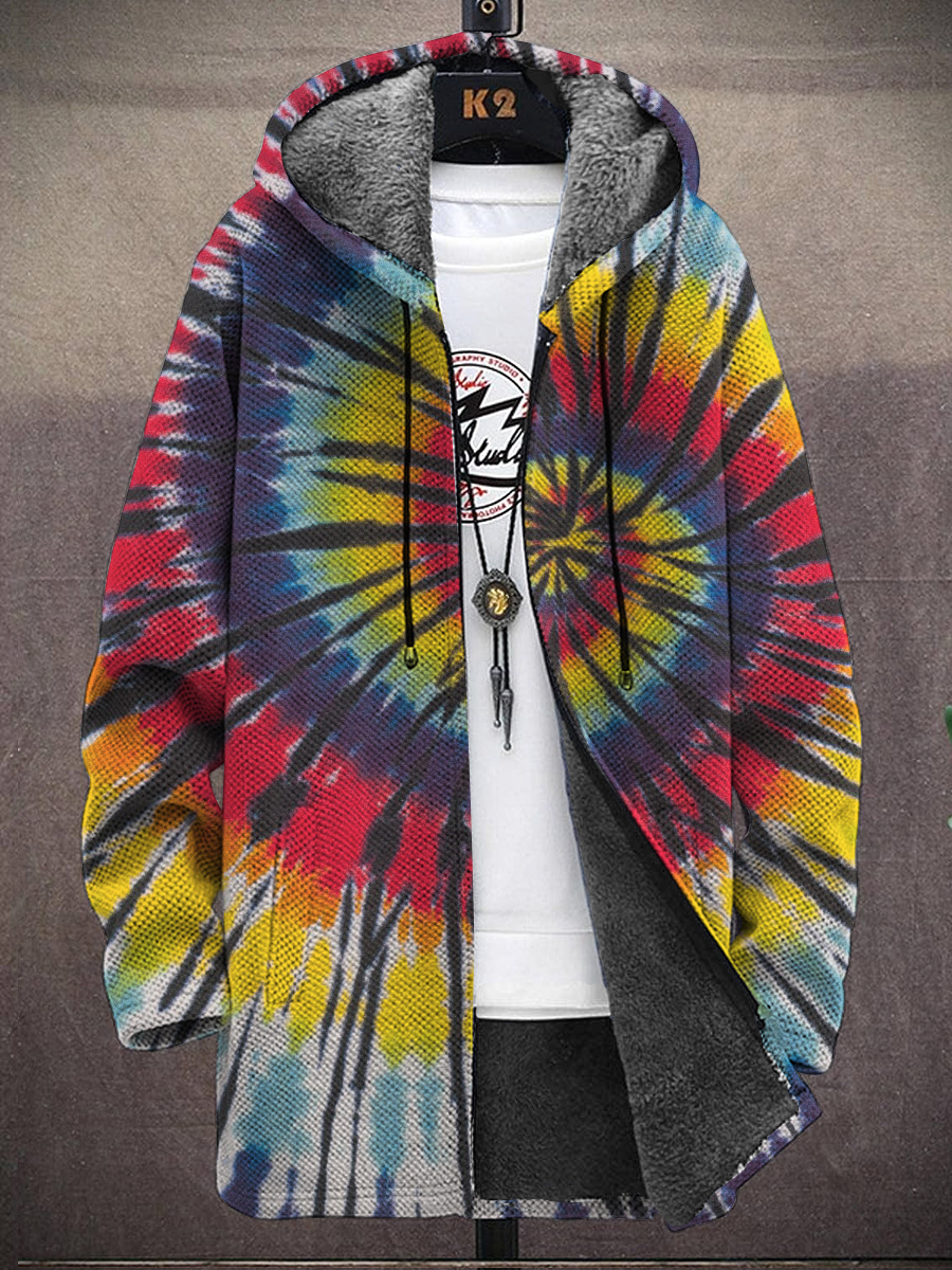Men's Art Tie-Dye Print Hooded Two-Pocket Fleece Cardigan Jacket