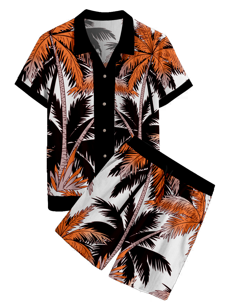 Men's Sets Hawaiian Vintage Coconut tree Print Button Pocket Two-Piece Shirt Shorts Set