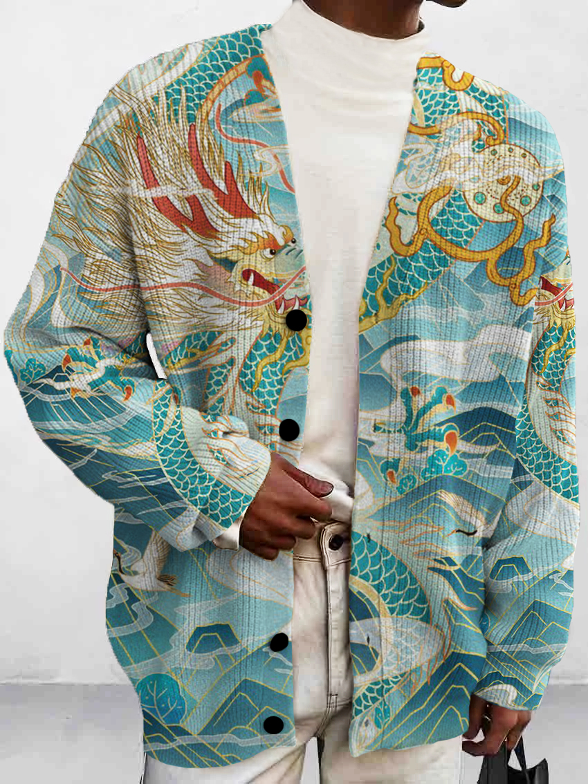 Men's Stylish Art Dragon Pattern Print Buttoned Cardigan Sweater
