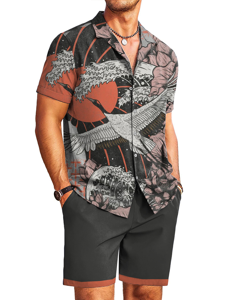 Men's Sets Hawaiian Japanese Style Crane Print Button Pocket Two-Piece Shirt Shorts Set