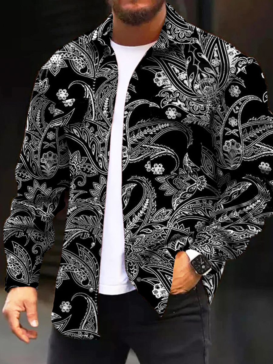 Men's Casual Jacket Paisley Floral Long Sleeve Pockets Shirt Jacket