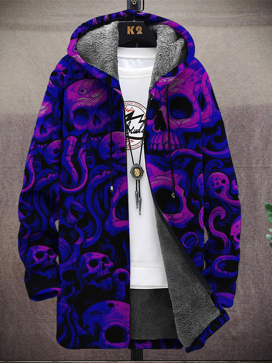 Men's Art Purple Skull Print Hooded Two-Pocket Fleece Jacket