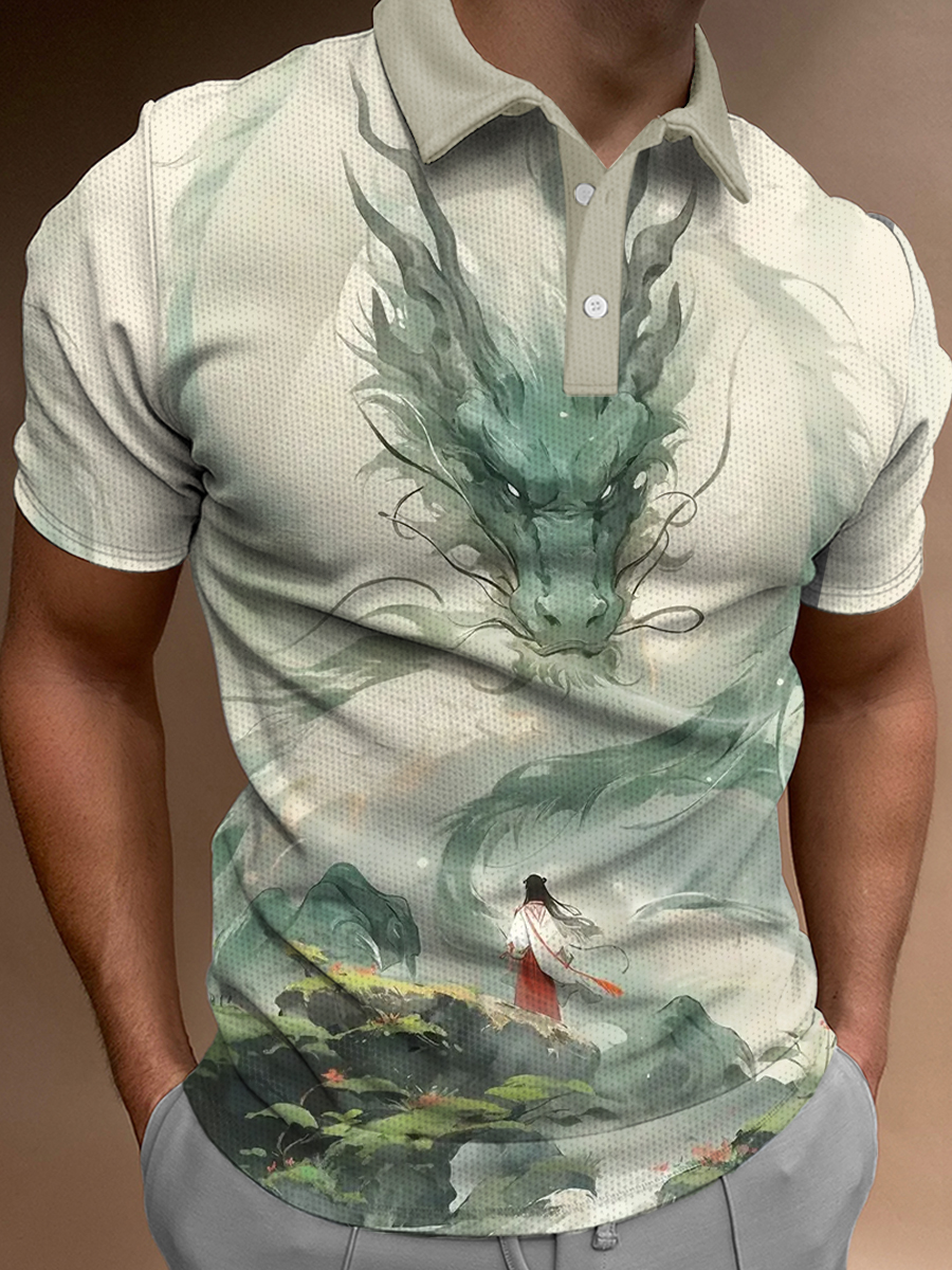 Men's Polo Shirt Ink Landscape Dragon Print Short Sleeve Golf Shirt