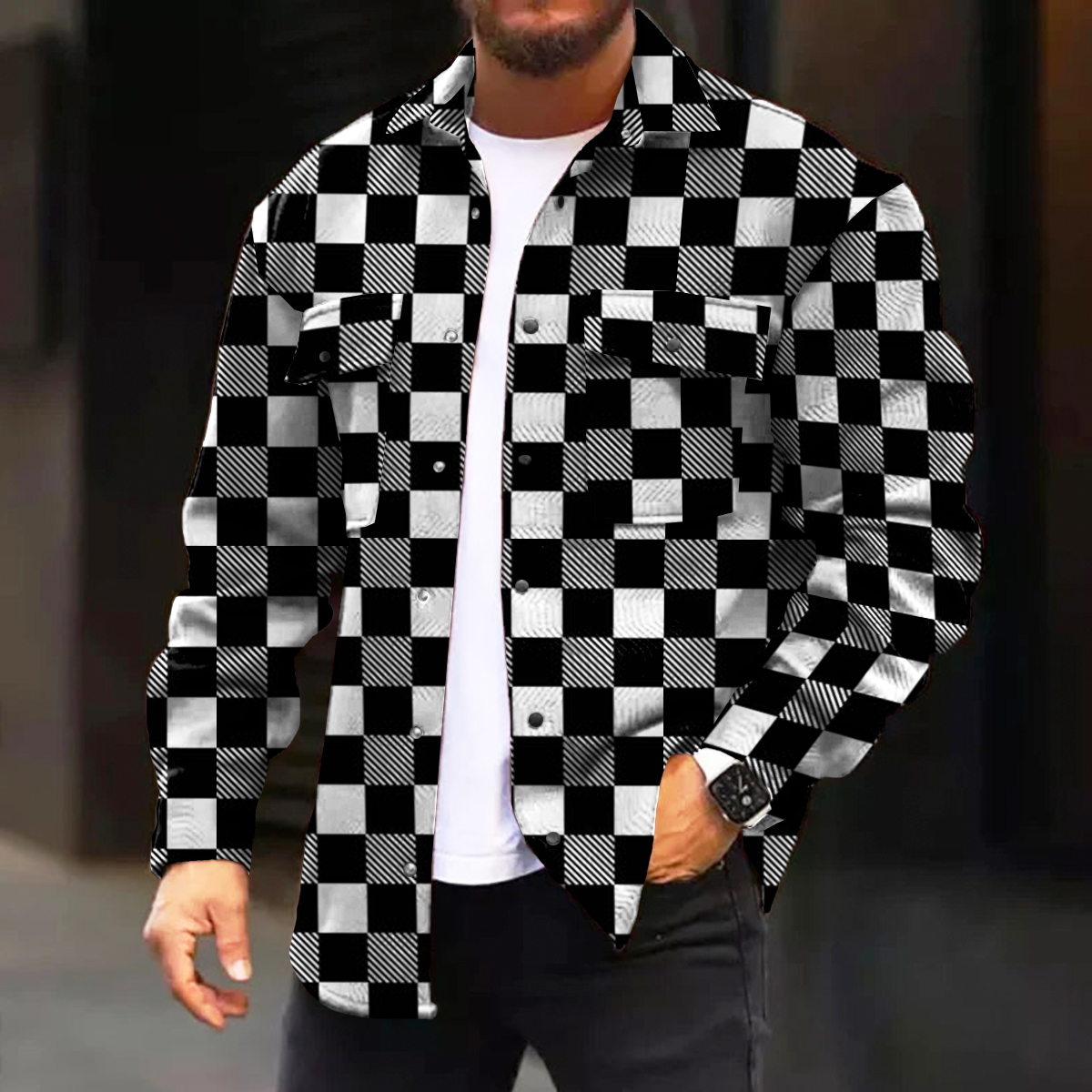 Men's Casual Jacket Art Checkerboard Printed Long Sleeve Pocket Jacket