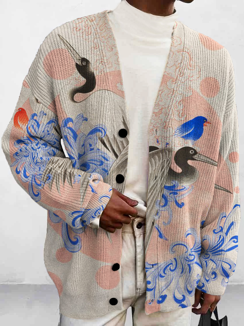 Men's Art Chrysanthemum And Crane Print Buttoned Cardigan Sweater