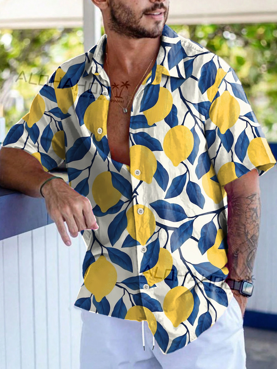 Men's Hawaiian Shirt Lemon Art Print Beach Easy Care Short Sleeve Shirt
