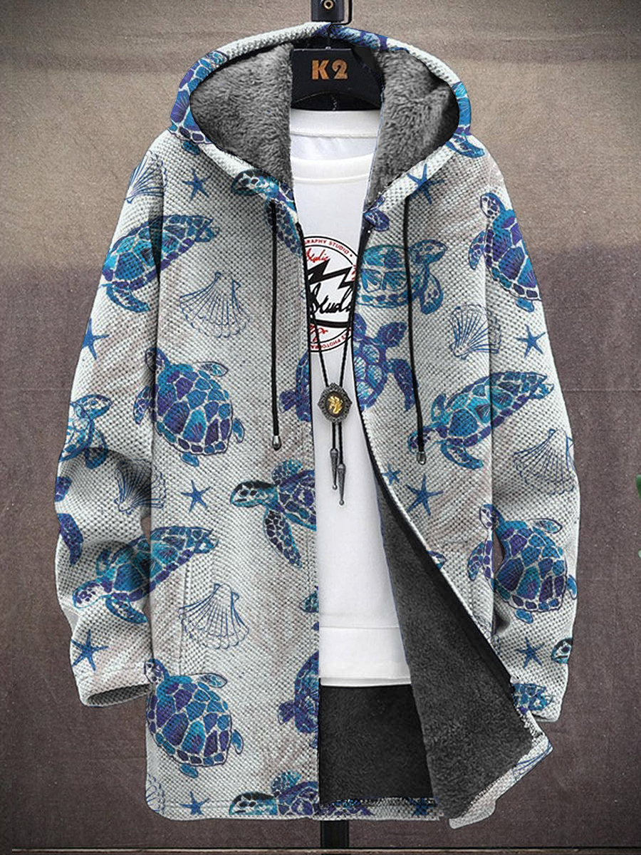Men's Turtle Print Hooded Two-Pocket Fleece Cardigan Jacket