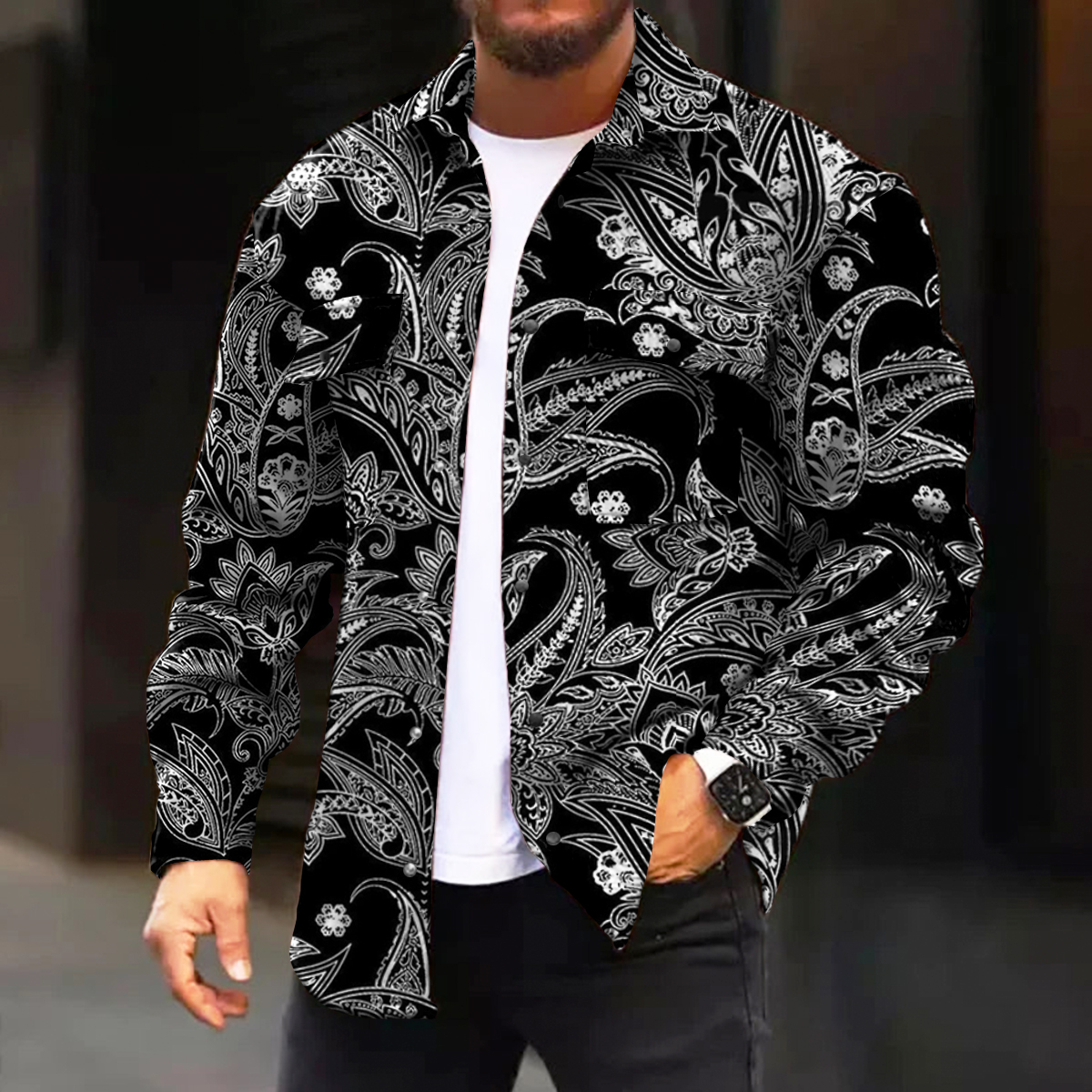 Men's Casual Jacket Paisley Floral Long Sleeve Pockets Shirt Jacket