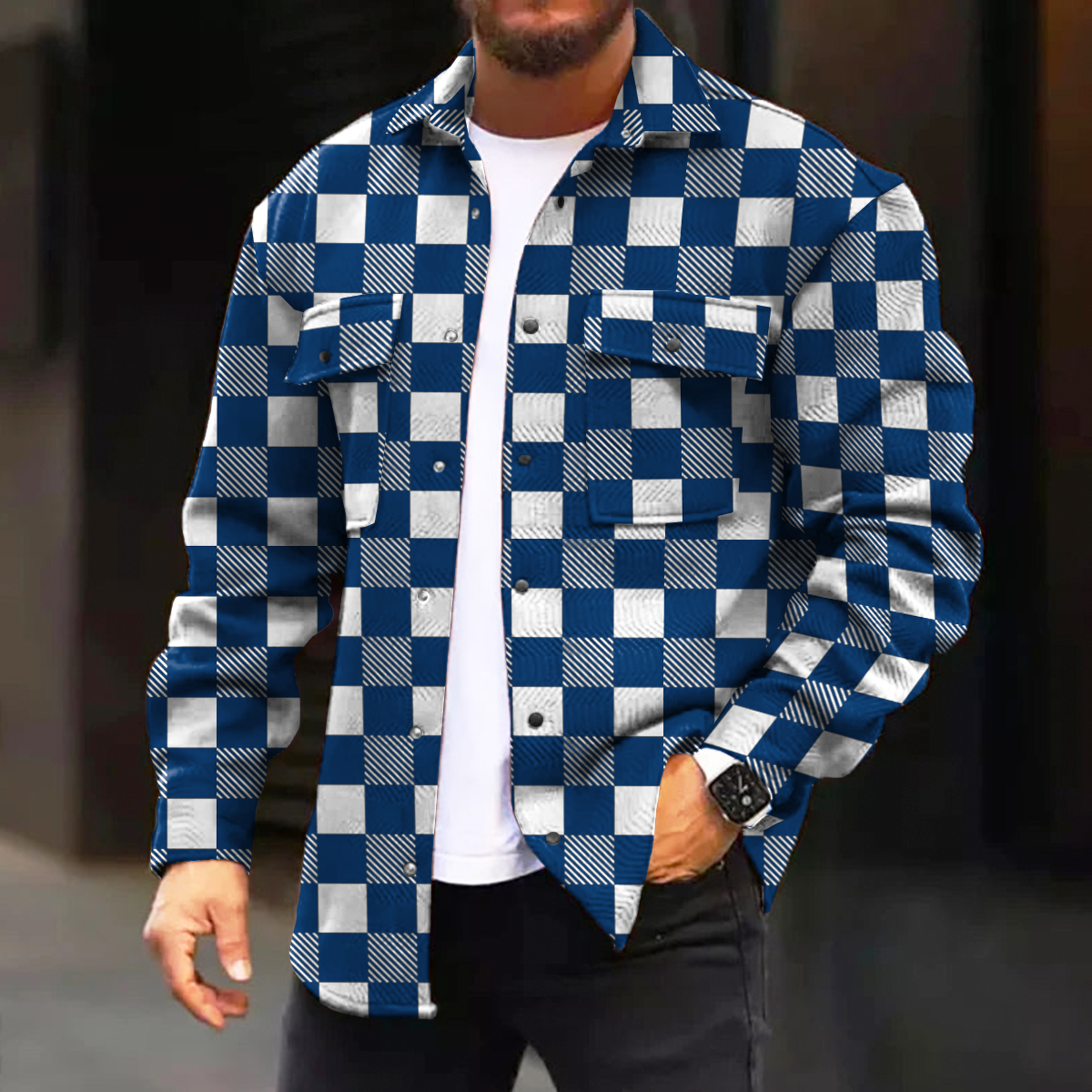 Men's Casual Jacket Art Checkerboard Printed Long Sleeve Pocket Jacket