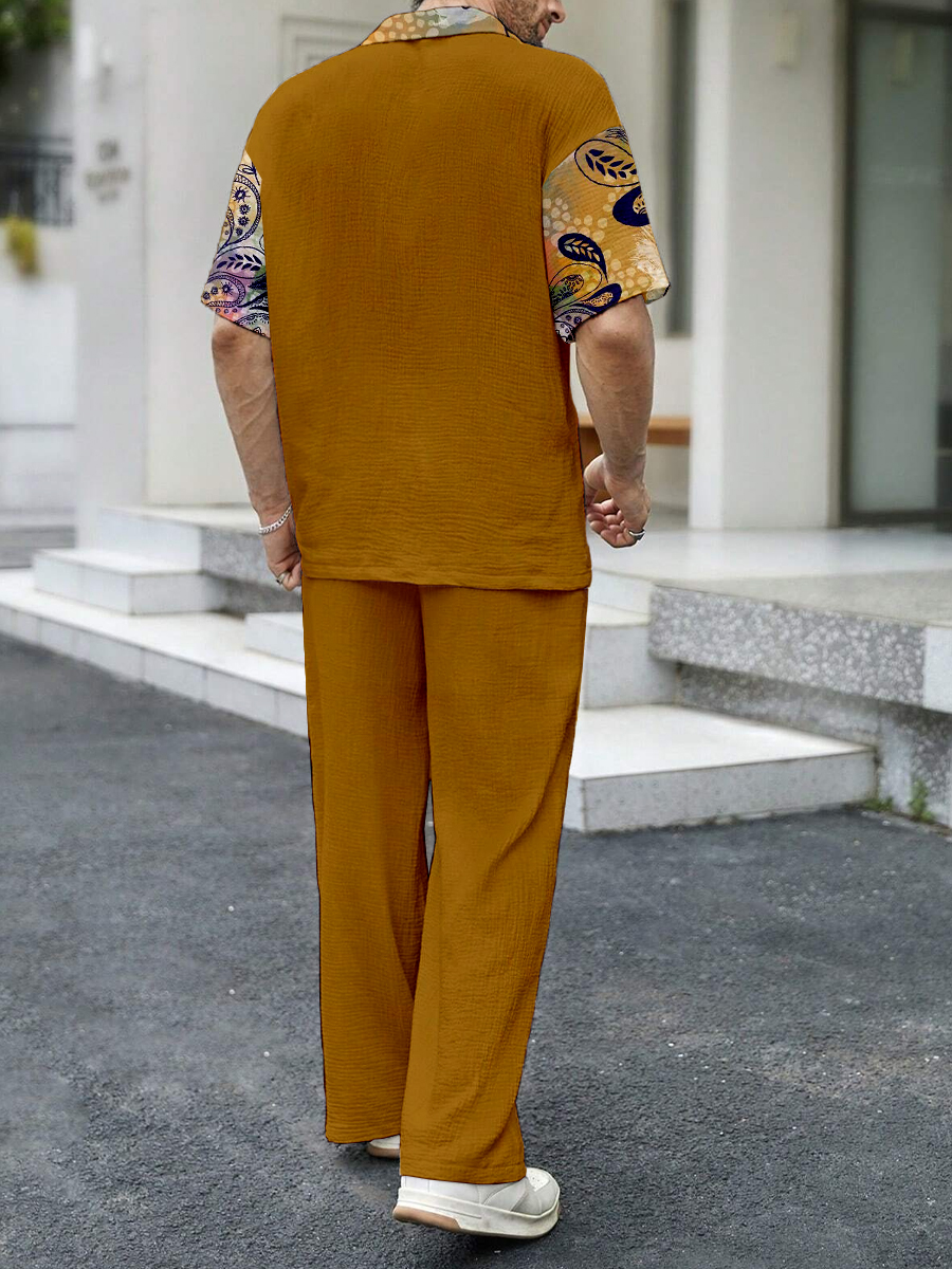 Men's Sets Paisley Print Button Down Wrinkle Free Seersucker Two-Piece Shirt Shorts