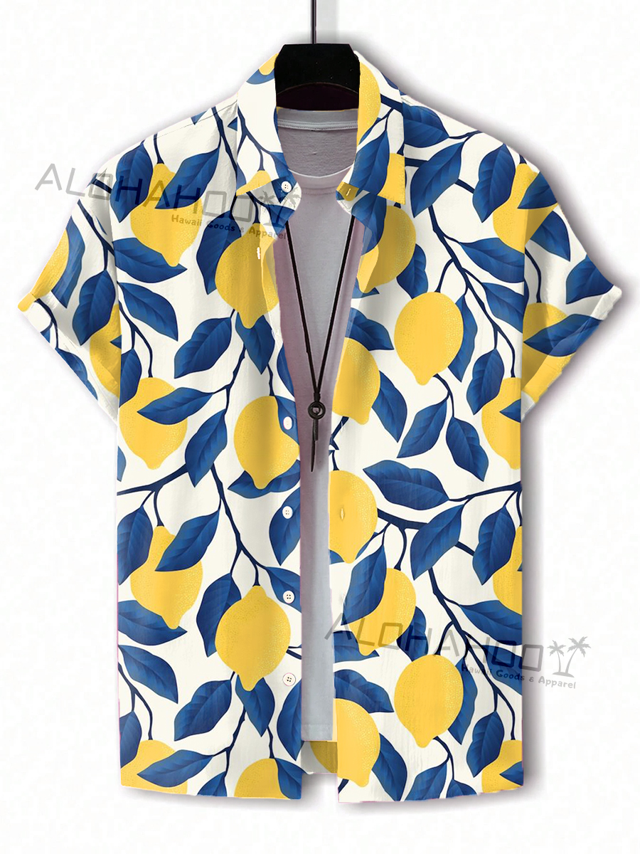 Men's Hawaiian Shirt Lemon Art Print Beach Easy Care Short Sleeve Shirt