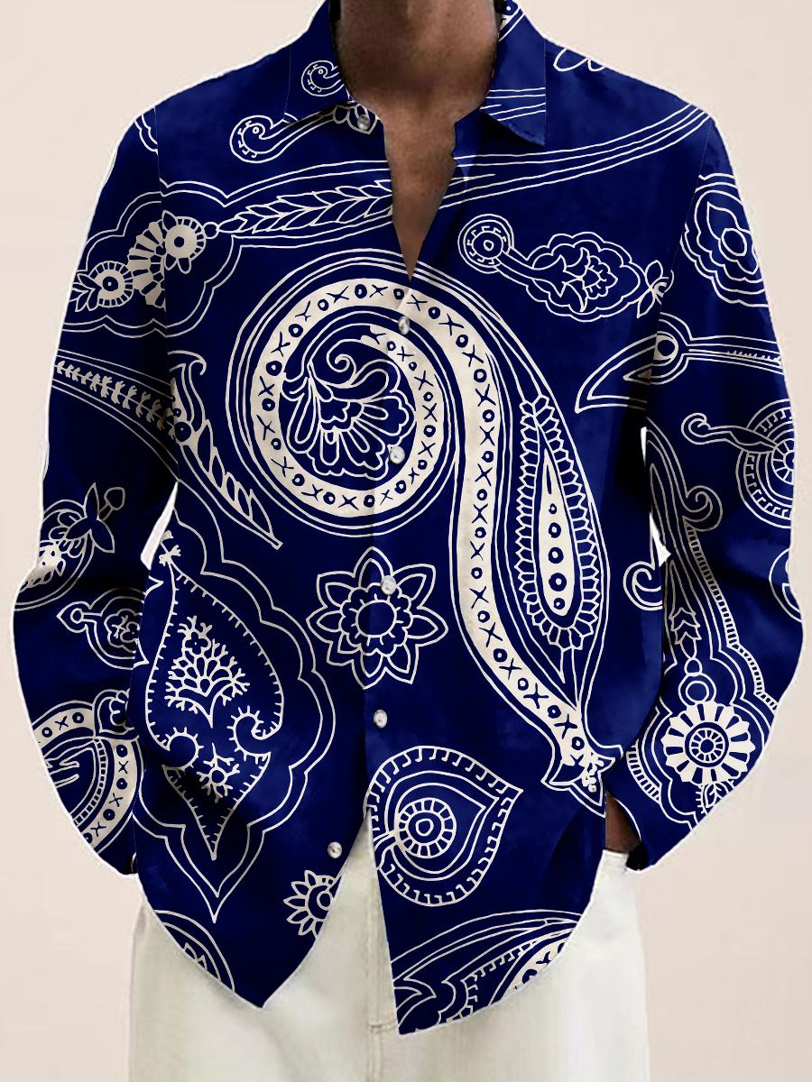 Men's Hawaiian Shirt Art Paisley Pattern Print Casual Vacation Oversized Long Sleeve Shirt