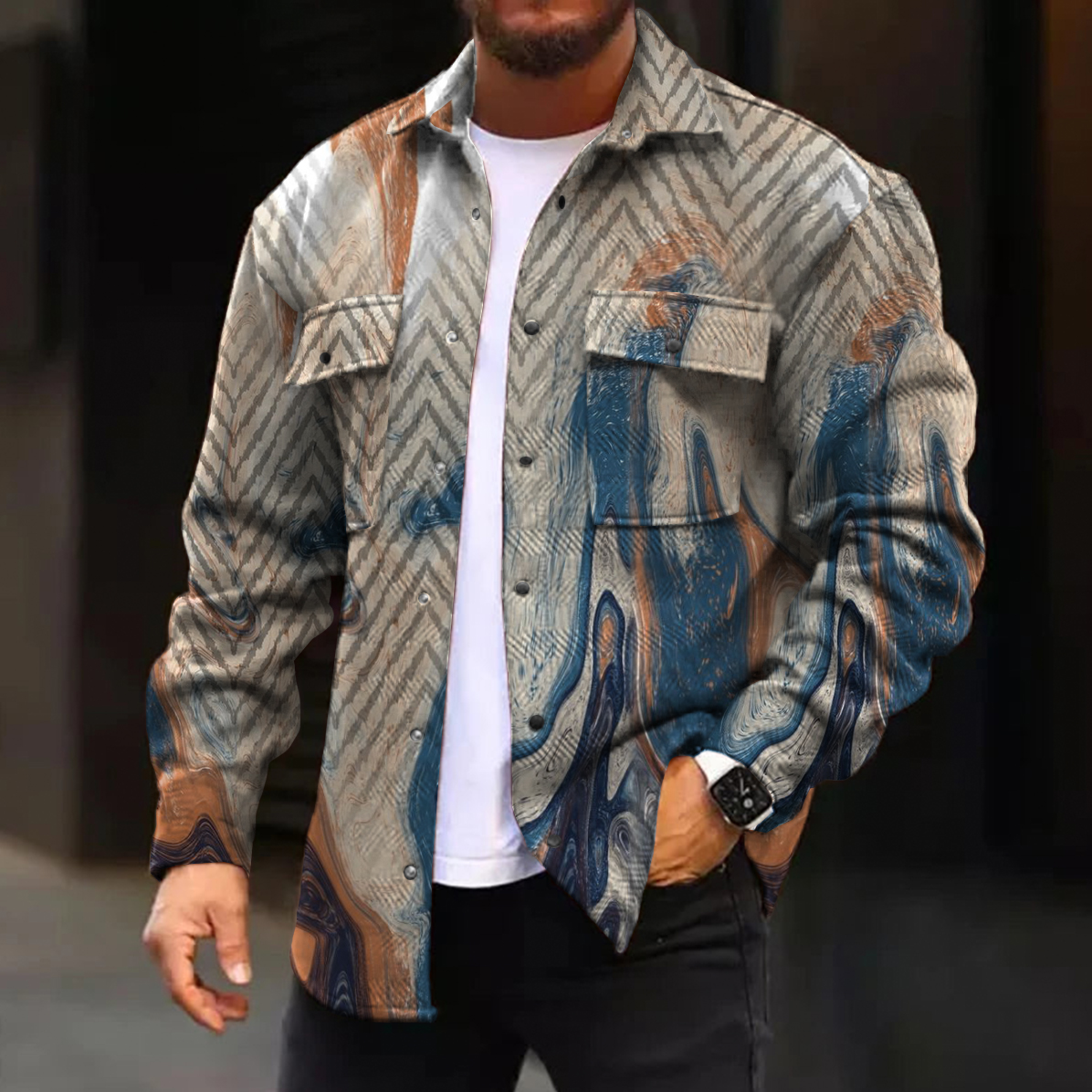 Men's Casual Jacket Art Print Long Sleeve Pockets Shirt Jacket