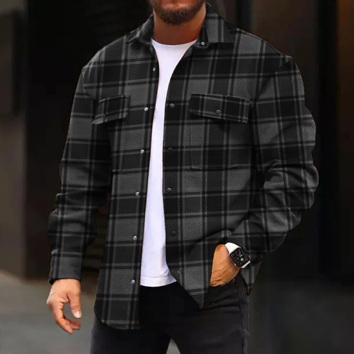 Men's Casual Jacket Vintage Plaid Pattern Long Sleeve Pockets Shirt Jacket