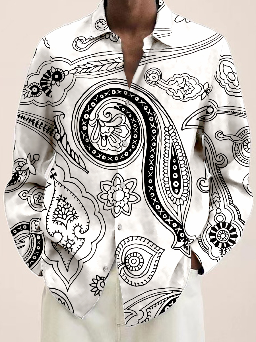 Men's Hawaiian Shirt Art Paisley Pattern Print Casual Vacation Oversized Long Sleeve Shirt