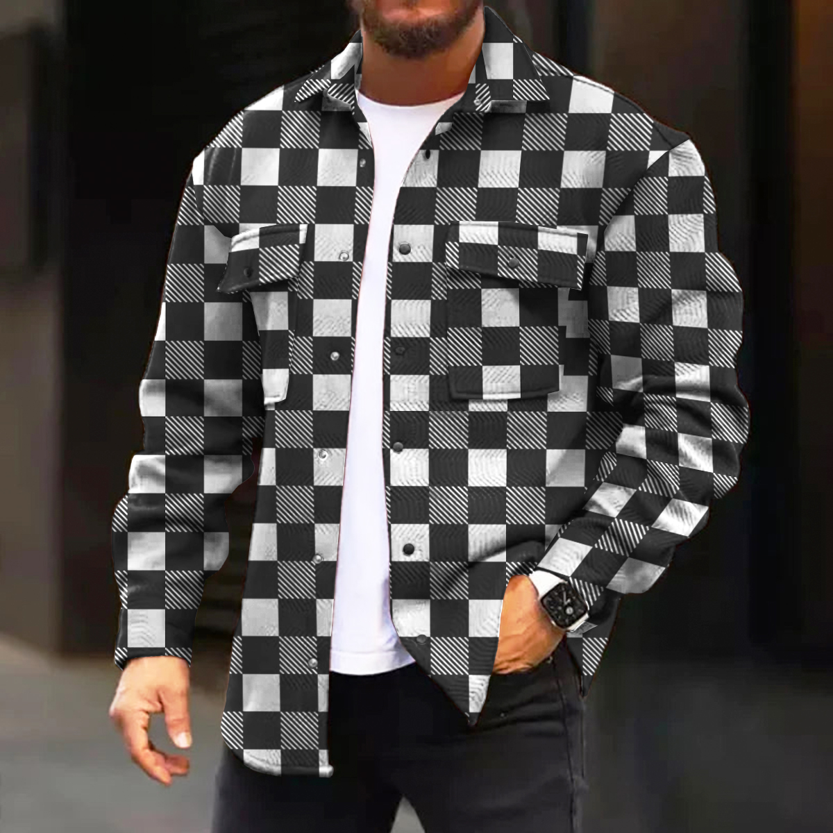 Men's Casual Jacket Art Checkerboard Printed Long Sleeve Pocket Jacket