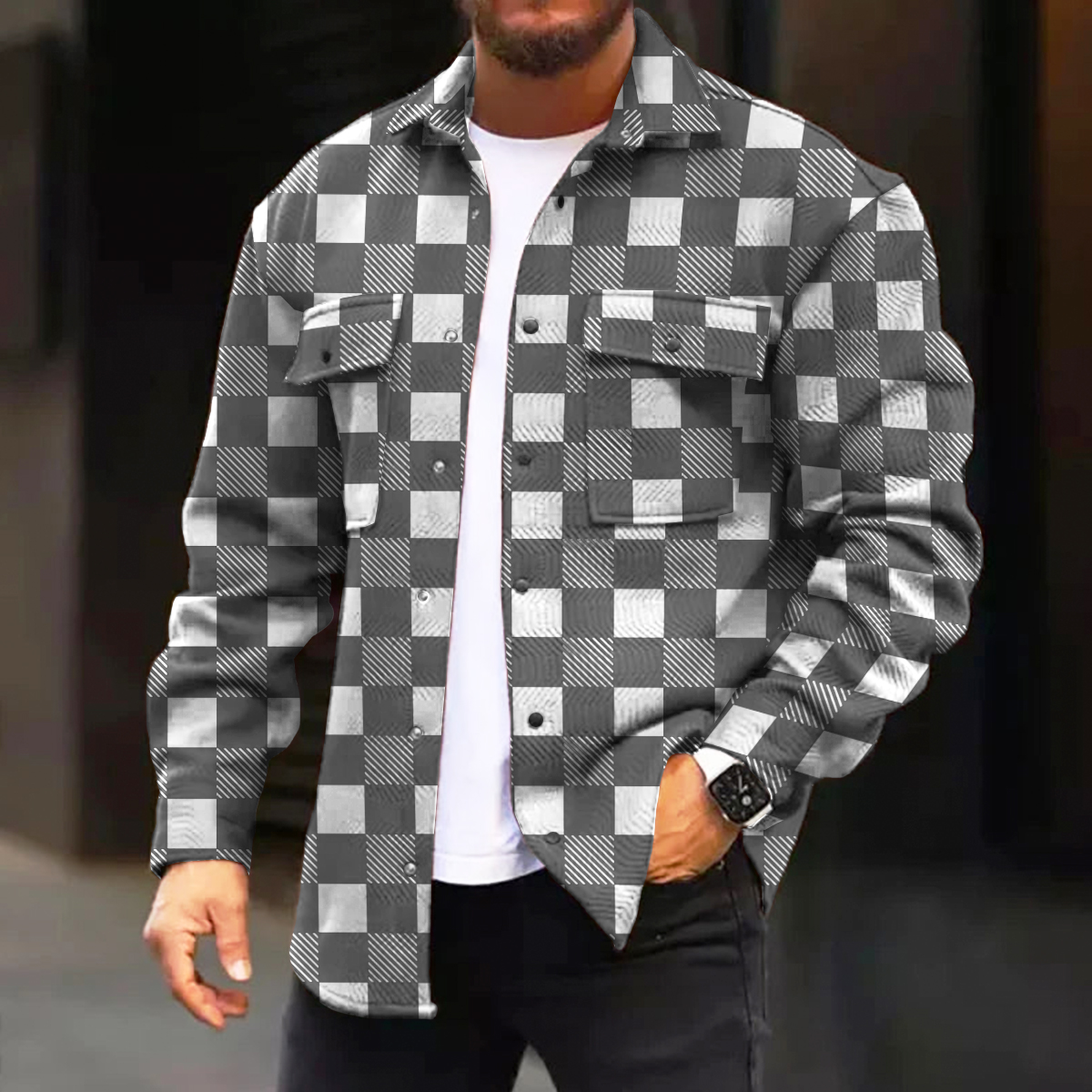Men's Casual Jacket Art Checkerboard Printed Long Sleeve Pocket Jacket