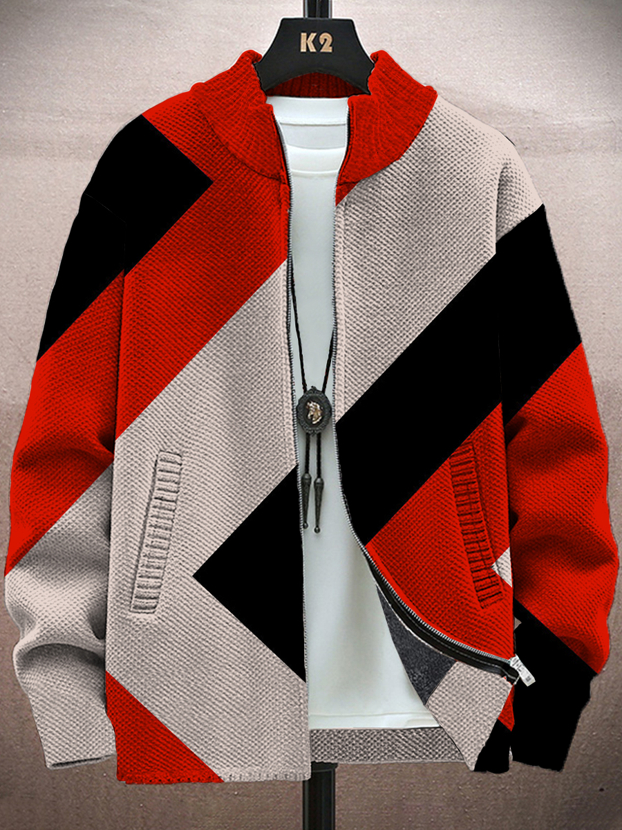 Men's Jacket Vintage Colorblock Print Long-Sleeved Zip Cardigan Jacket